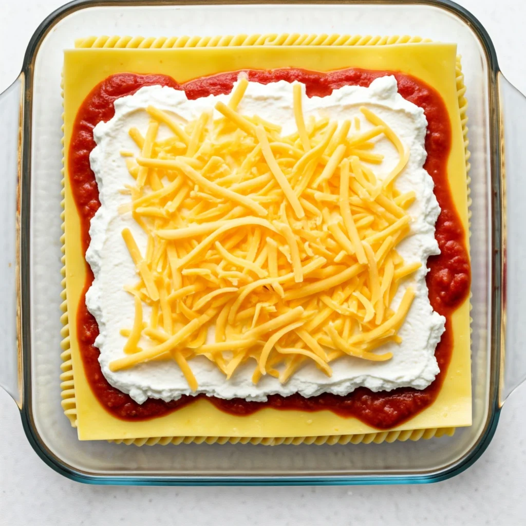 Glass baking dish showing layers of gluten-free lasagna noodles, marinara sauce, ricotta cheese, and shredded mozzarella.