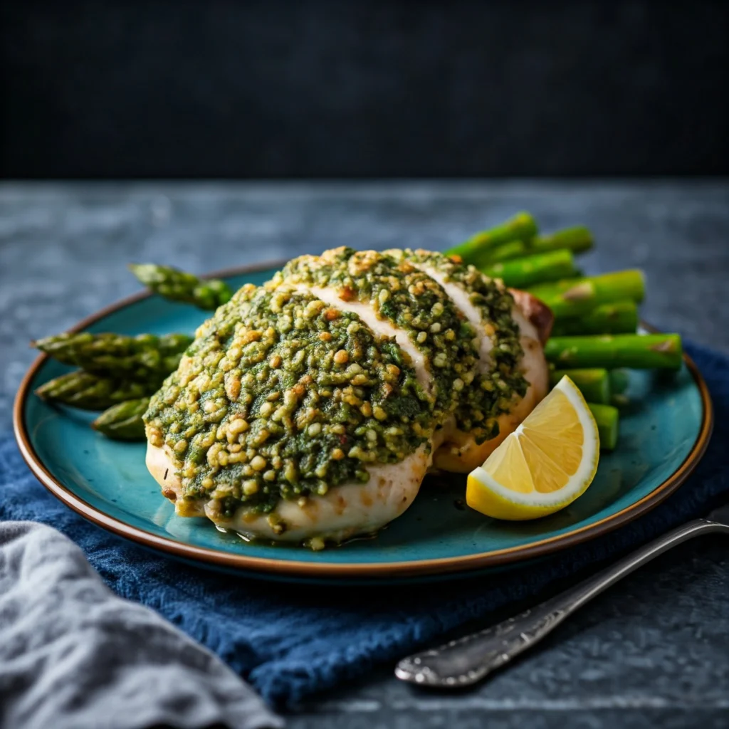 Herb-crusted chicken served with roasted asparagus.