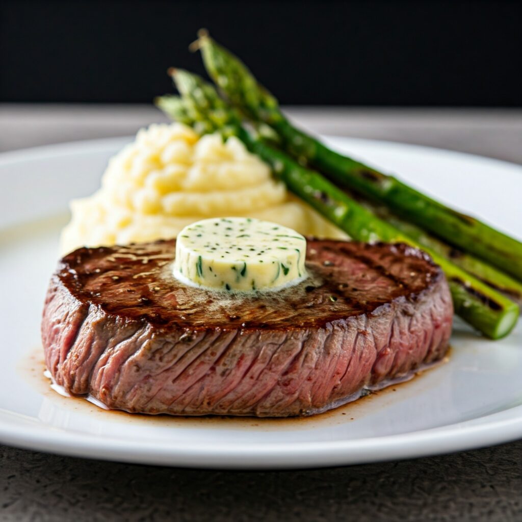 Steak with herb butter sauce and mashed potatoes, a romantic dinner choice.