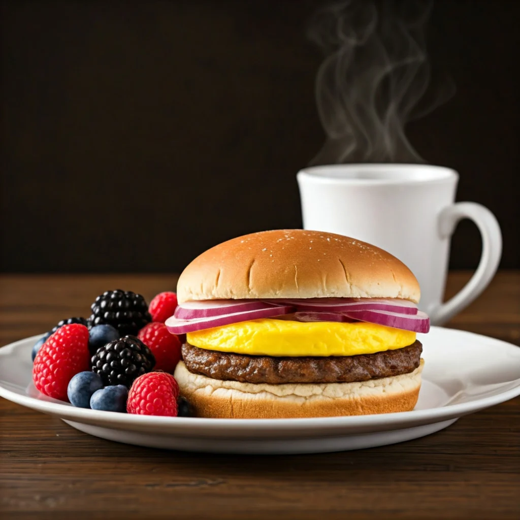 Jimmy Dean Breakfast Sandwich on a plate with berries and coffee.