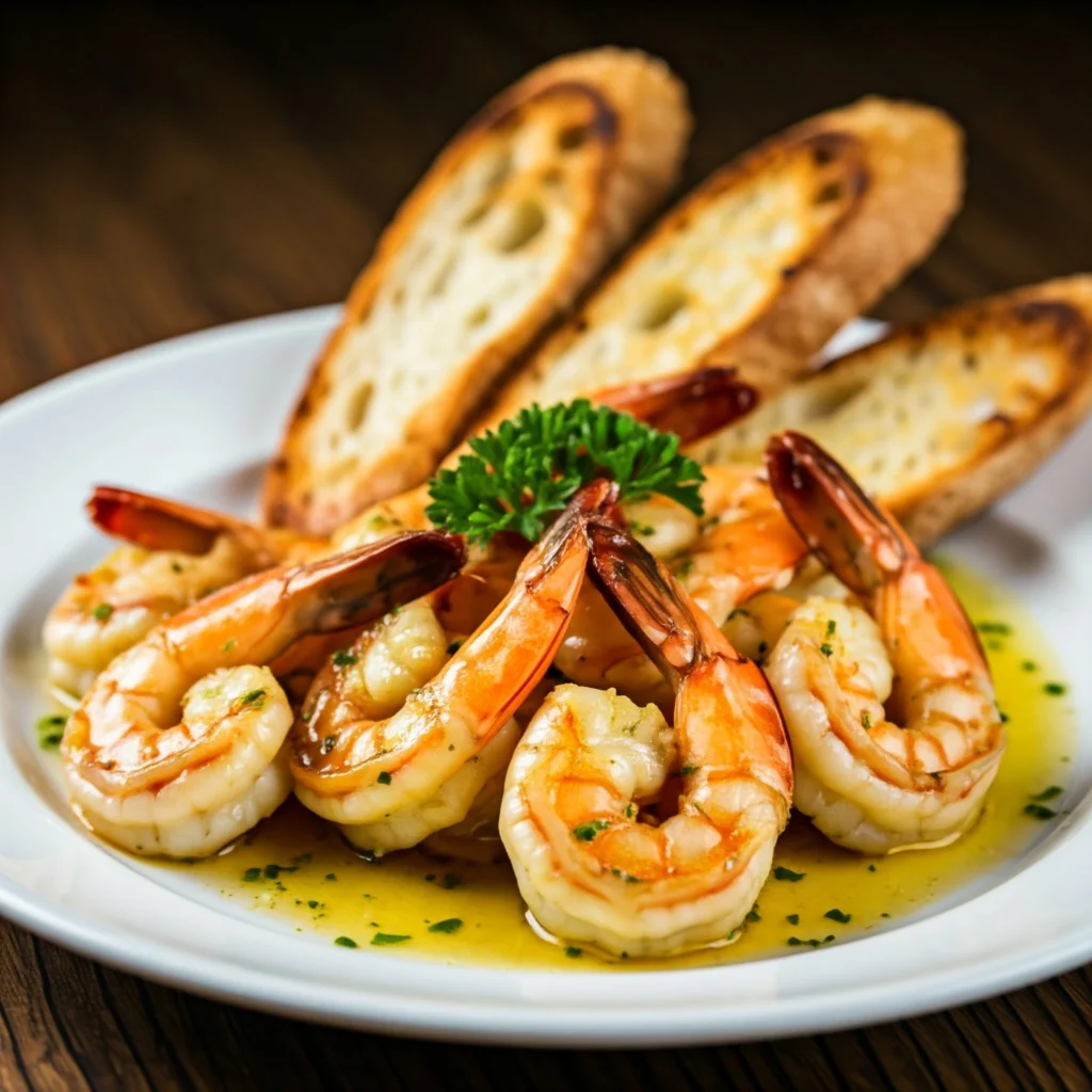 Garlic butter shrimp served with crusty bread for a quick romantic dinner.