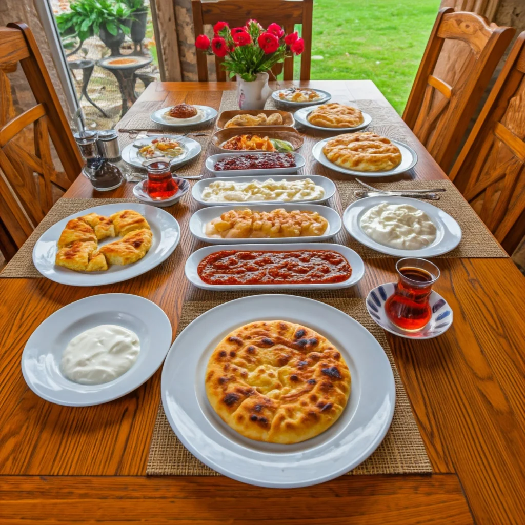 A full Balkan breakfast table with burek, pogača, kačamak, yogurt with honey, ajvar, and Turkish coffee.

