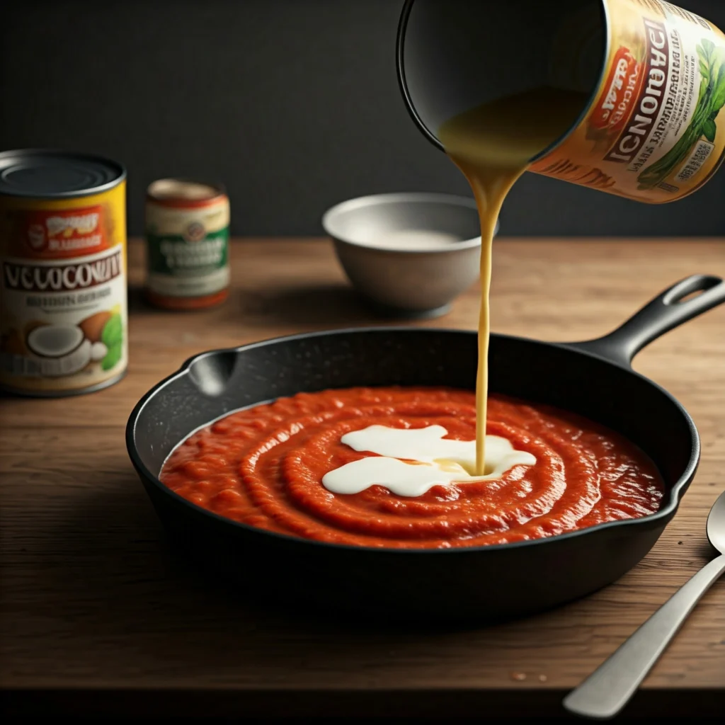 A photo of a skillet with pureed tomatoes bubbling, with coconut milk and vegetable broth being poured in. A ladle rests on the side, and ingredients like an open can of coconut milk and a jar of broth are placed nearby. The warm light creates a cozy atmosphere, highlighting the richness of the base preparation.