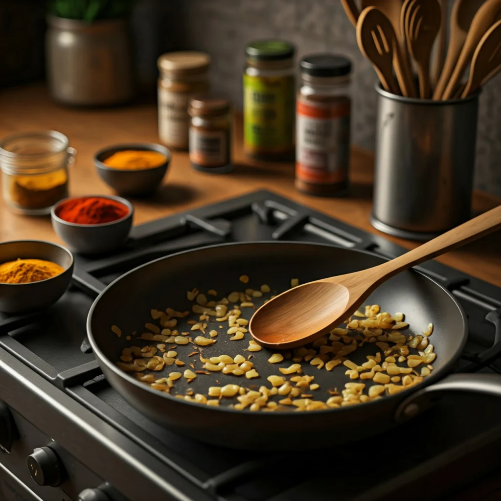 A photo of a skillet on a stovetop with golden sautéed onions, cumin seeds, garlic, and ginger being stirred with a wooden spoon. Small bowls of spices like curry powder, turmeric, garam masala, and chili powder are placed nearby, ready to be added. The kitchen counter in the background has a cozy and organized look with spice jars and a utensil holder.