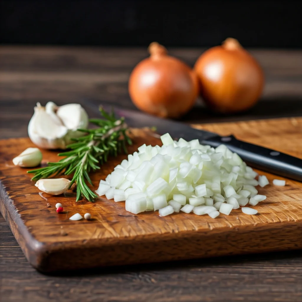 A person chopping vegetables on a wooden cutting board, preparing to make a Tuscan bean soup.

