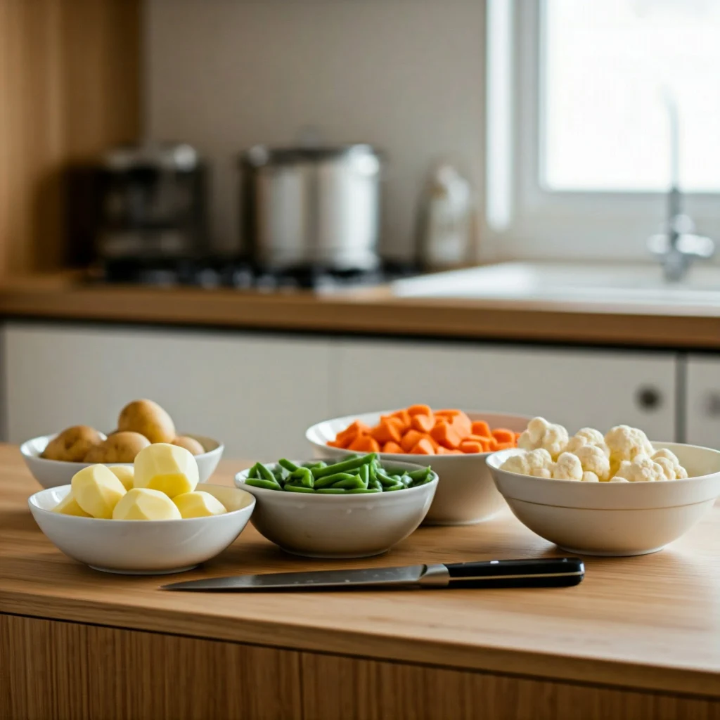 A photo of a kitchen counter with peeled and diced potatoes, chopped carrots, green beans, and cauliflower florets in separate small bowls. A sharp kitchen knife and a cutting board are on the side, with a clean and bright kitchen setting. The focus is on the prepped vegetables, while the background includes subtle details of a cozy, homey kitchen.