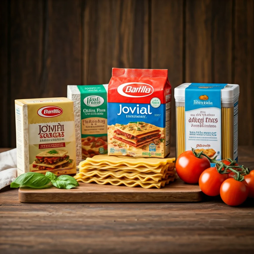 An assortment of gluten-free lasagna noodle brands, including Barilla, Jovial Foods, and Tinkyada, displayed on a kitchen counte