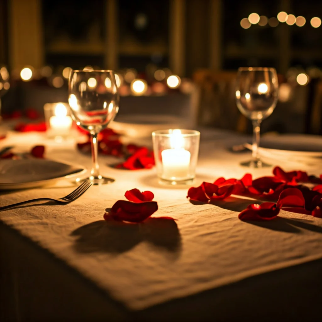 Romantic dinner table with candles and rose petals.