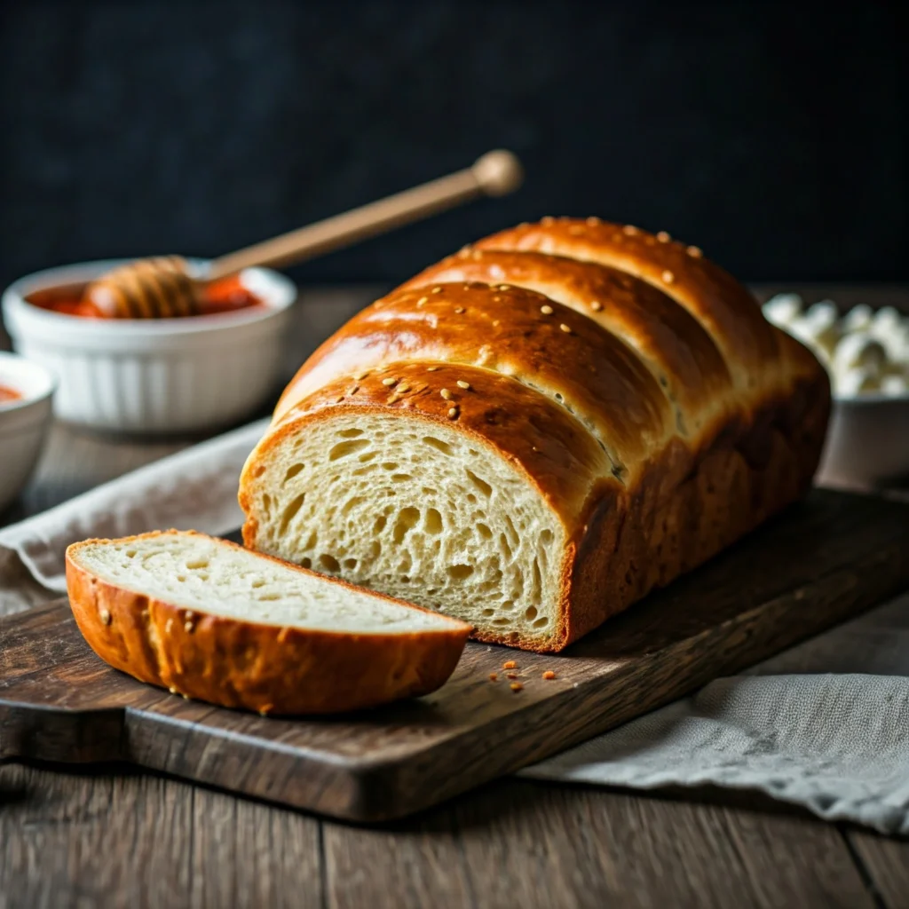 A golden, fluffy pogača loaf on a wooden board with honey, ajvar, and feta cheese on the side.

