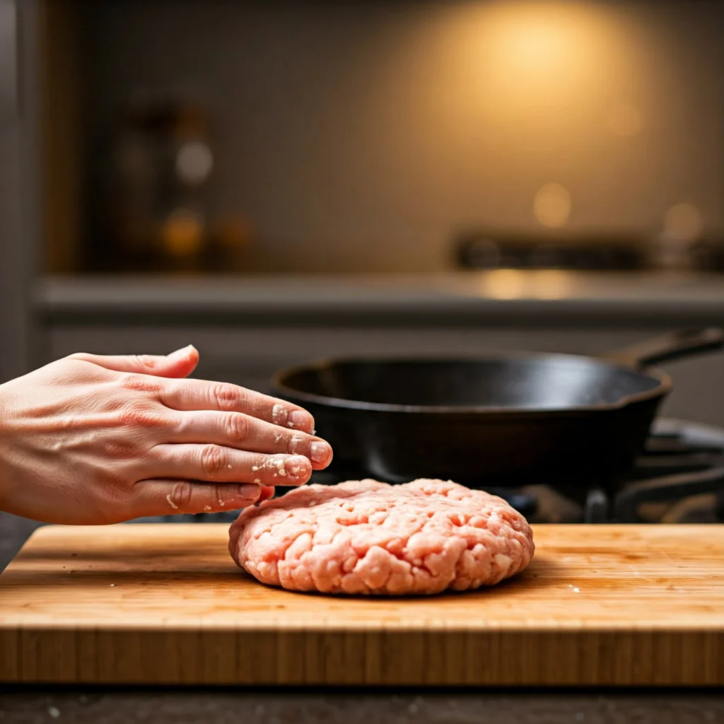 Hands shaping chicken sausage patties with a skillet on the stove in the background.