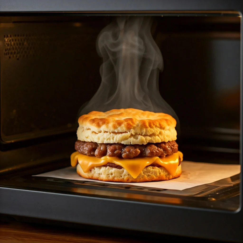 Jimmy Dean Breakfast Sandwich being heated in a microwave with a visible timer.