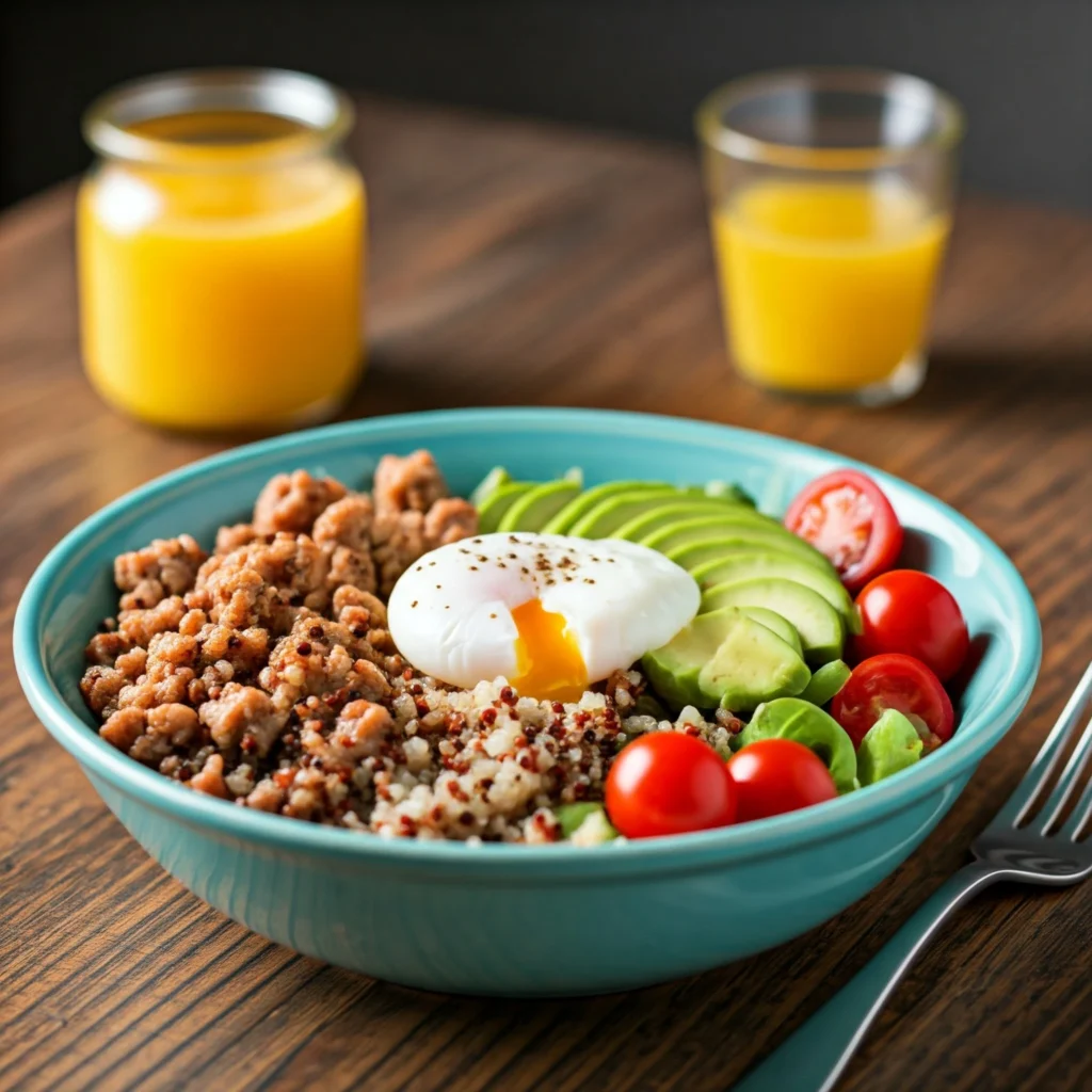 A breakfast bowl with quinoa, crumbled chicken sausage, avocado, cherry tomatoes, and a poached egg.

