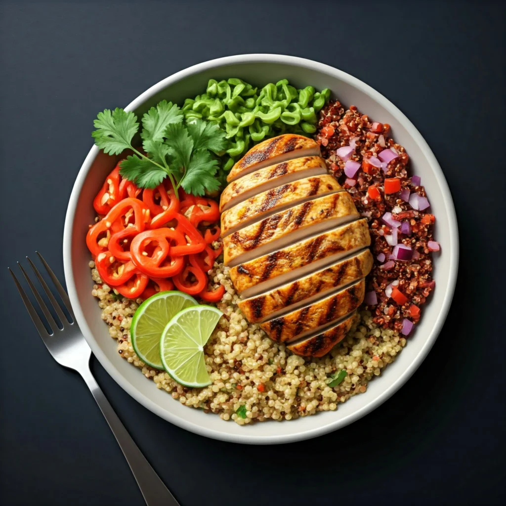 A bowl of grilled chicken with quinoa, kale, and avocado topped with lemon dressing.