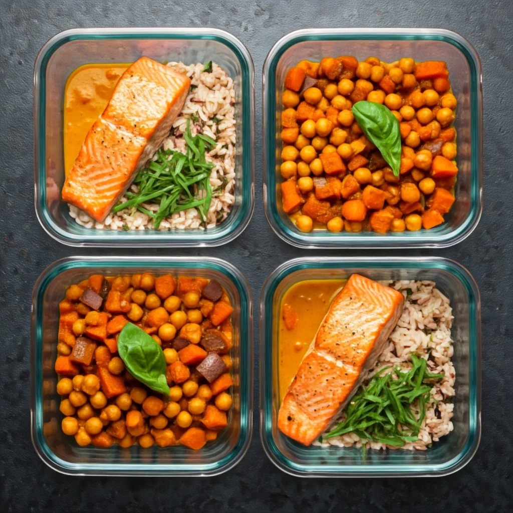 Meal prep containers filled with baked salmon, roasted sweet potatoes, and chickpea curry.