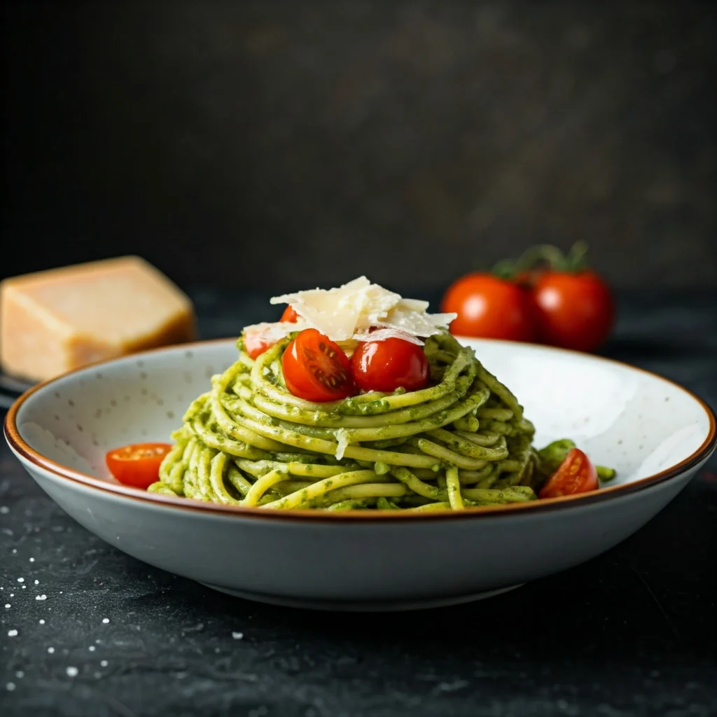 Pesto pasta topped with cherry tomatoes and Parmesan.