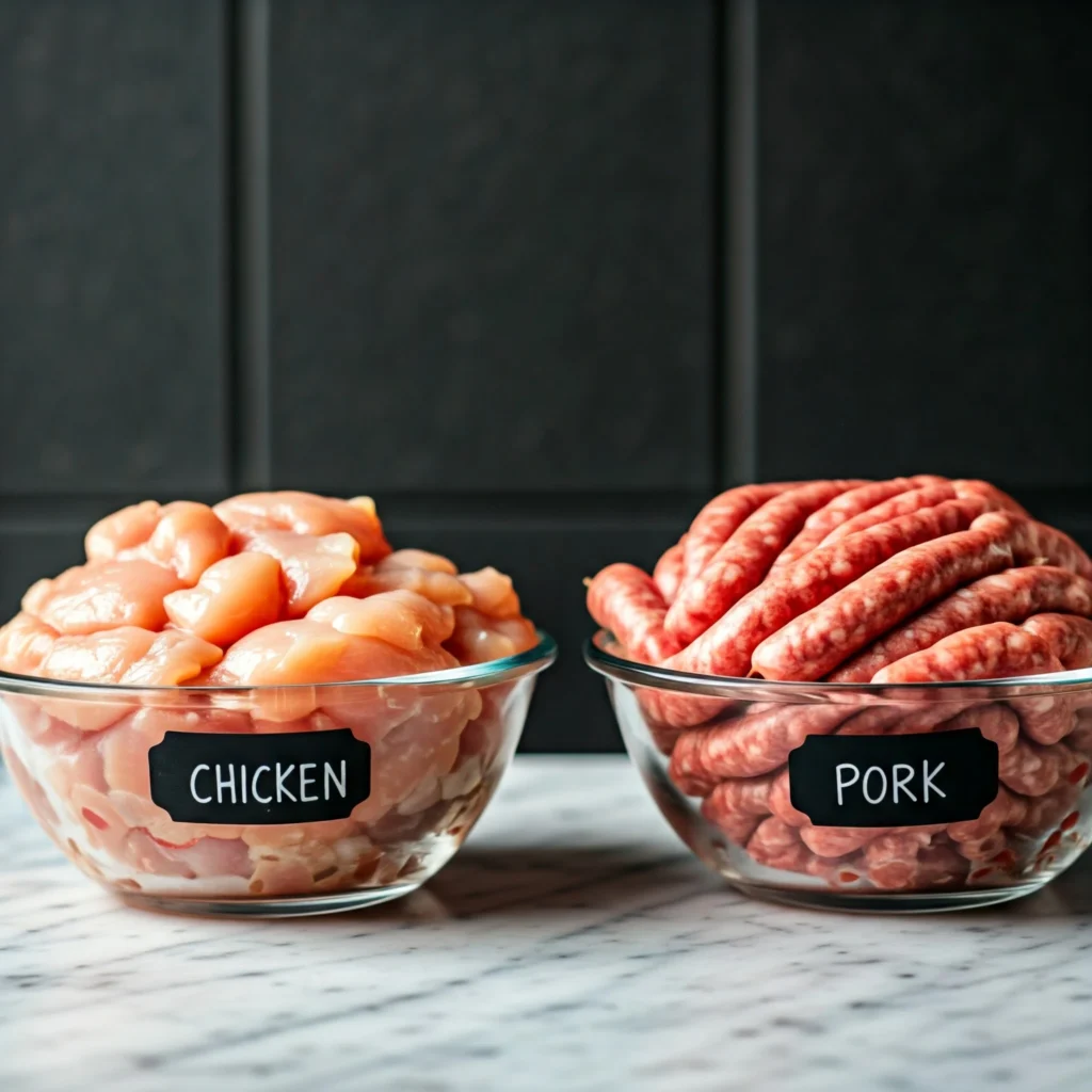 A side-by-side comparison of raw chicken and pork sausage meat showing differences in fat content and color.