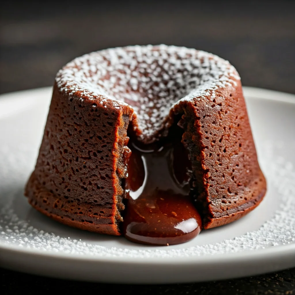 Molten lava cake with chocolate filling and powdered sugar.