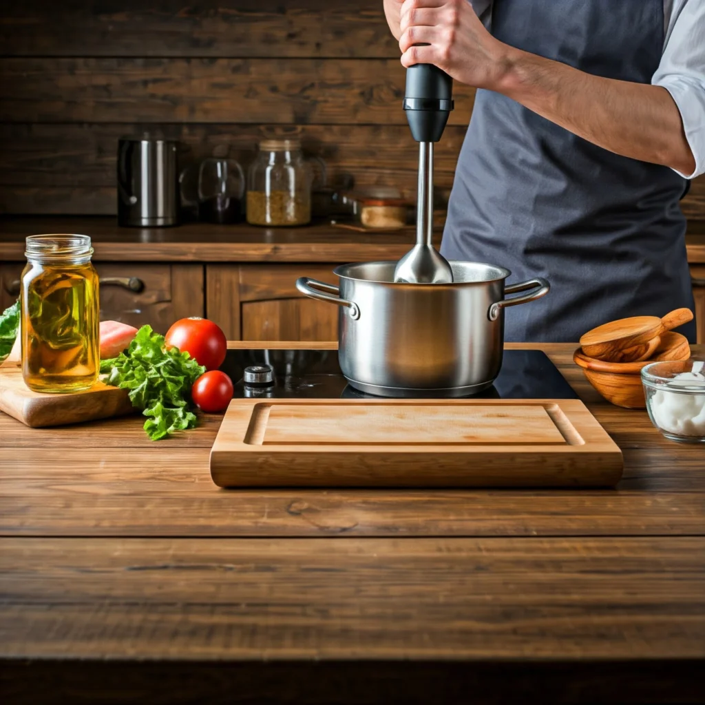 A creamy, smooth Tuscan bean soup being blended in a kitchen blender, transforming it into a velvety delight.
