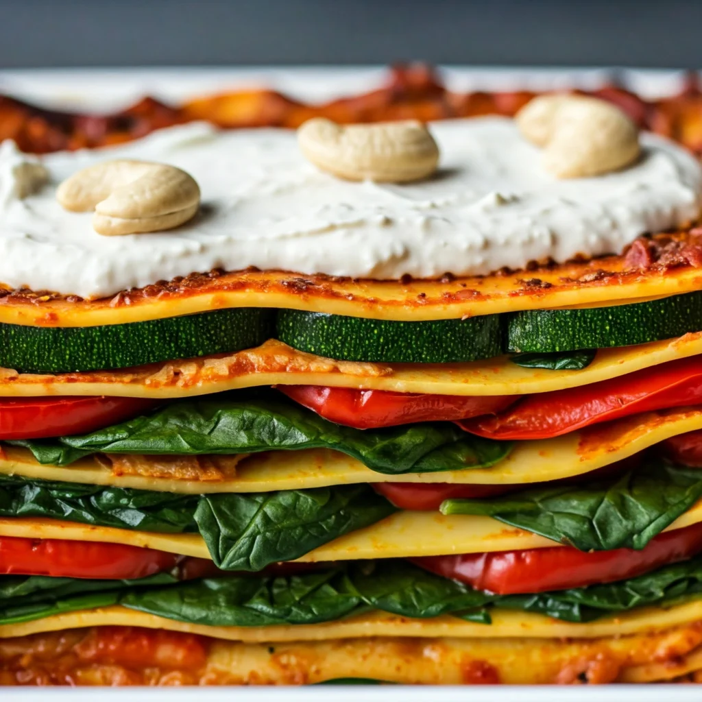 Vegan gluten-free lasagna with layers of zucchini, spinach, bell peppers, and cashew cream.