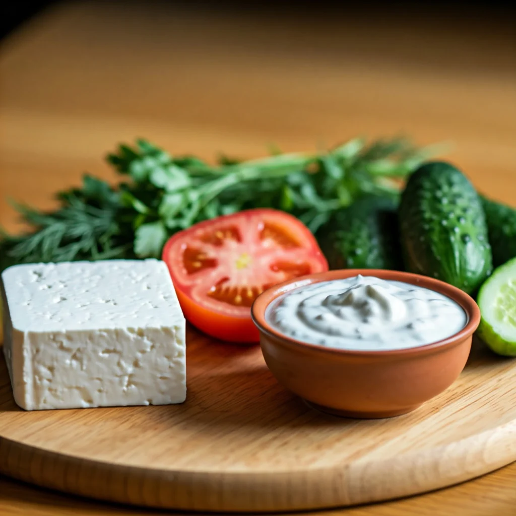 Close-up of feta cheese, kajmak, fresh tomatoes, cucumbers, and herbs on a wooden cutting board.

