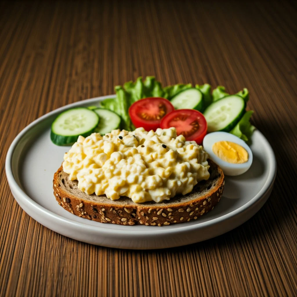 A plate with egg salad on whole-grain bread served with a side of fresh cucumber and carrot sticks.