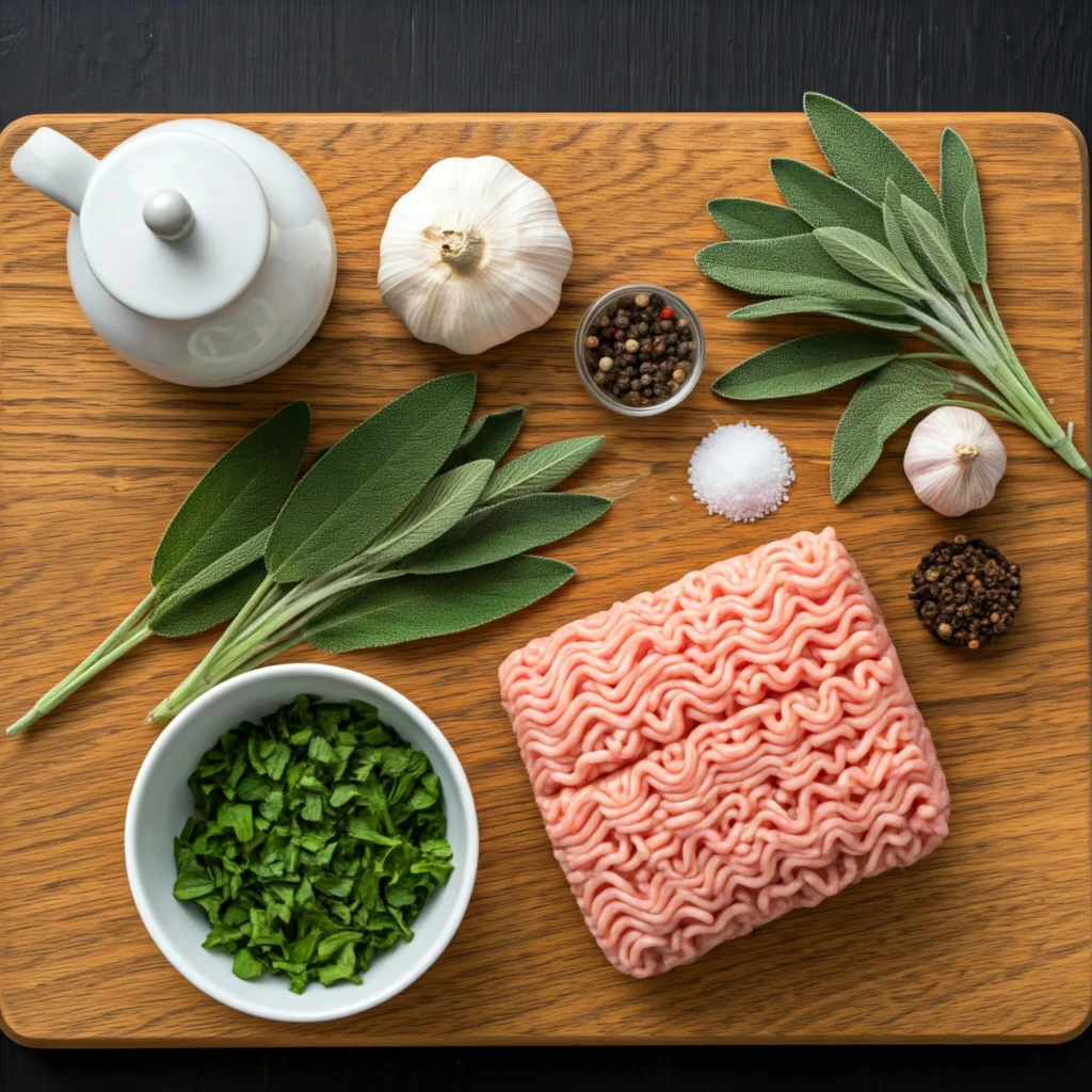 Ingredients for making chicken breakfast sausage, including ground chicken, garlic powder, thyme, sage, and olive oil.