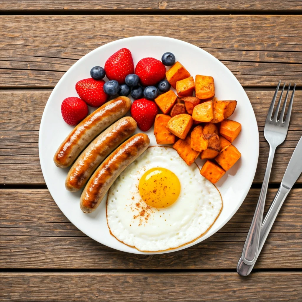 A balanced breakfast plate with chicken breakfast sausages, a sunny-side-up egg, sweet potatoes, and fresh berries.

