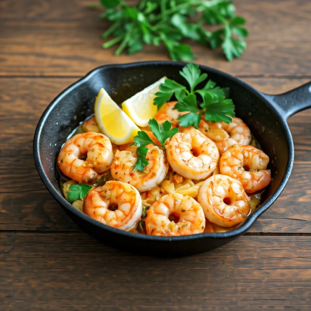 Shrimp scampi in a skillet, garnished with fresh parsley and lemon.