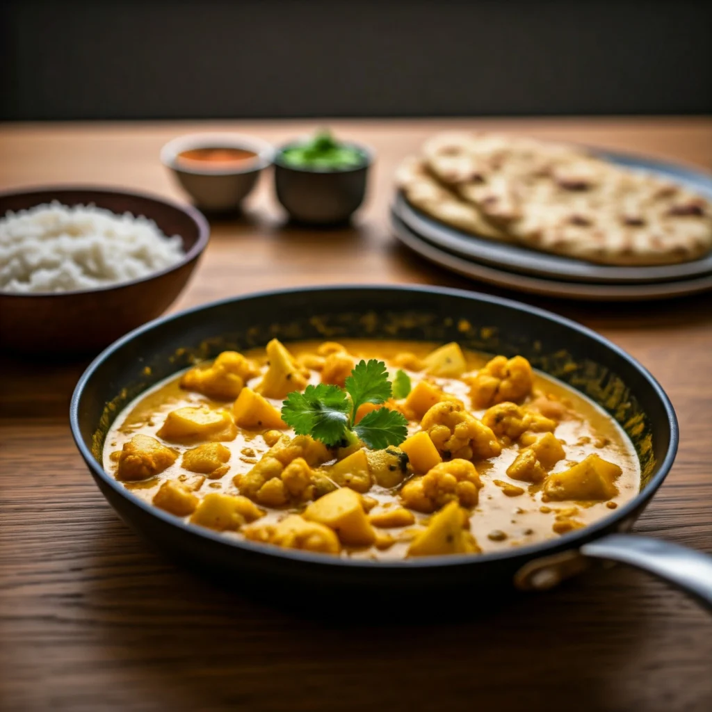 A photo of the finished curry simmering in the skillet, with chunks of vegetables visible in the creamy sauce. A sprig of cilantro is being added as garnish. The same kitchen counter is visible with bowls of rice and naan ready for plating. The overall ambiance feels inviting and warm.