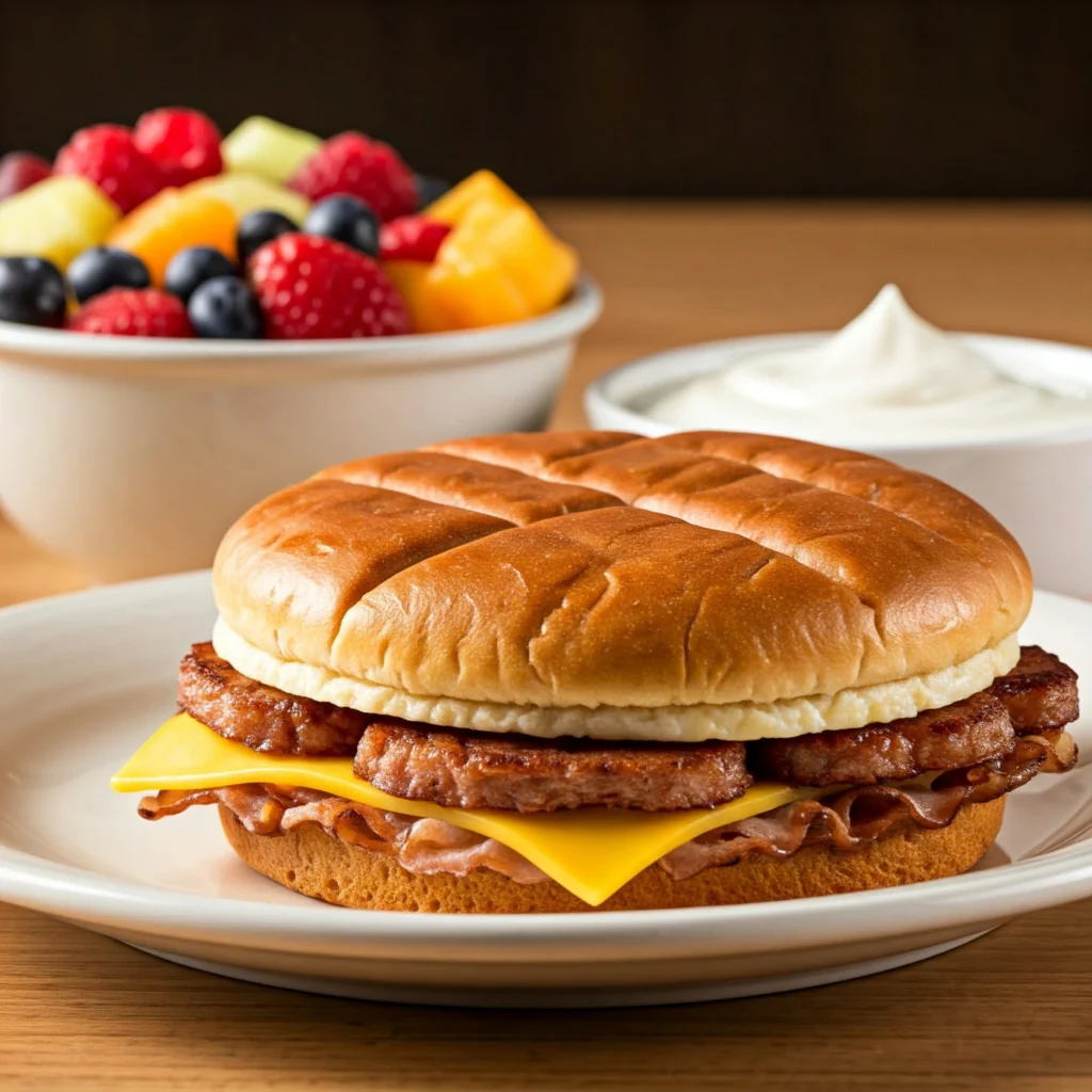 Jimmy Dean Breakfast Sandwich served with fruit and yogurt.