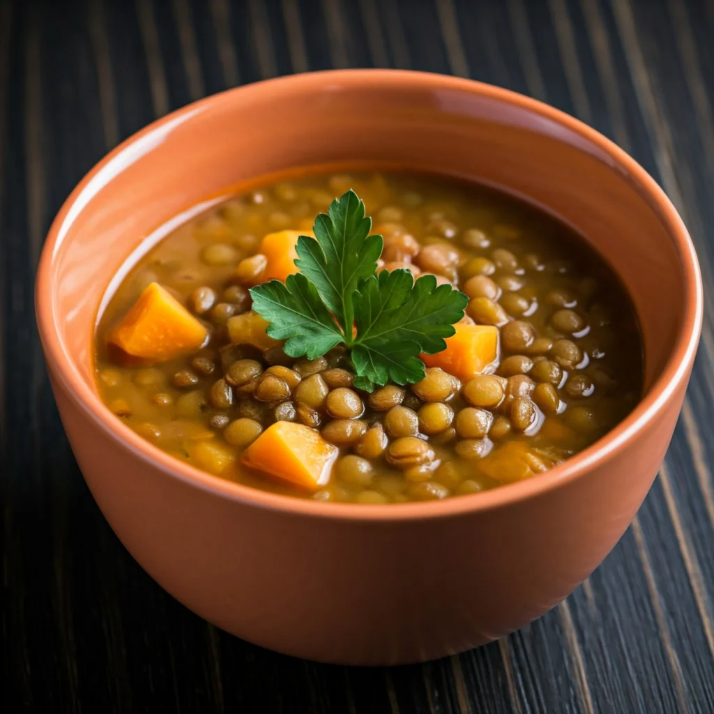 A steaming bowl of lentil and sweet potato soup garnished with fresh parsley.