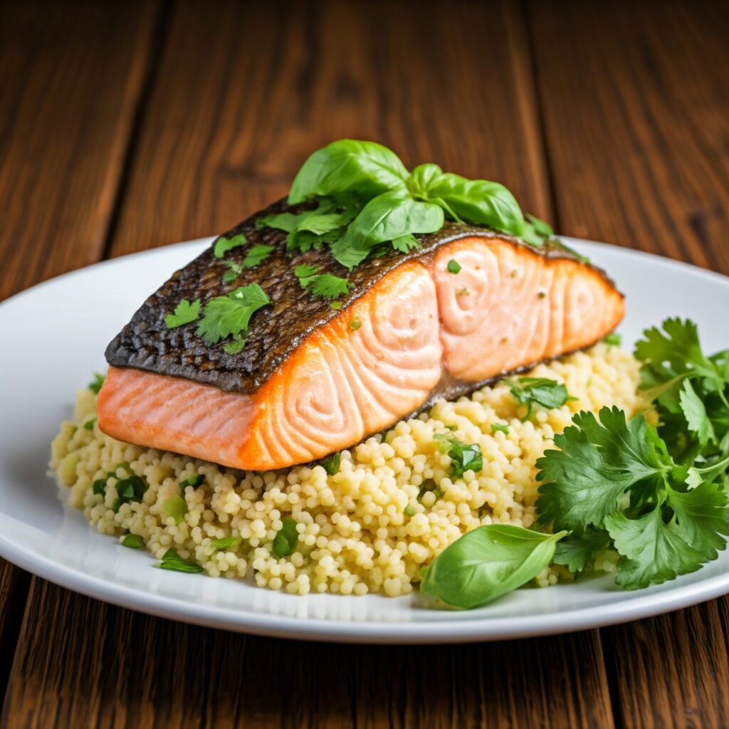 Mediterranean salmon served with couscous and garnished with herbs.