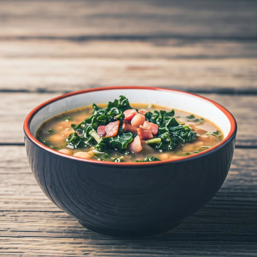 A steaming bowl of Tuscan bean soup, the rich broth speckled with kale and bits of crispy bacon, promising a hearty and flavorful meal.