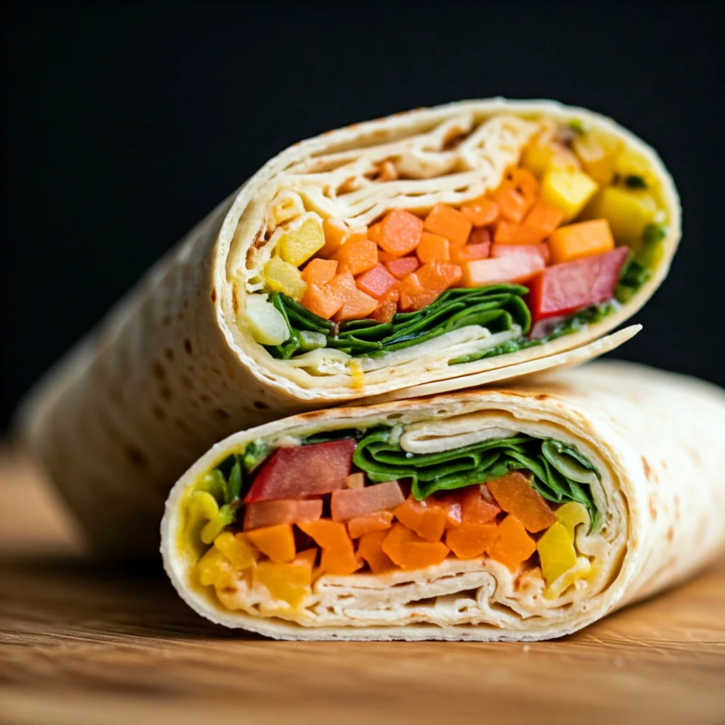 A whole-grain wrap filled with spinach, shredded carrots, cucumbers, and hummus, served on a wooden cutting board.