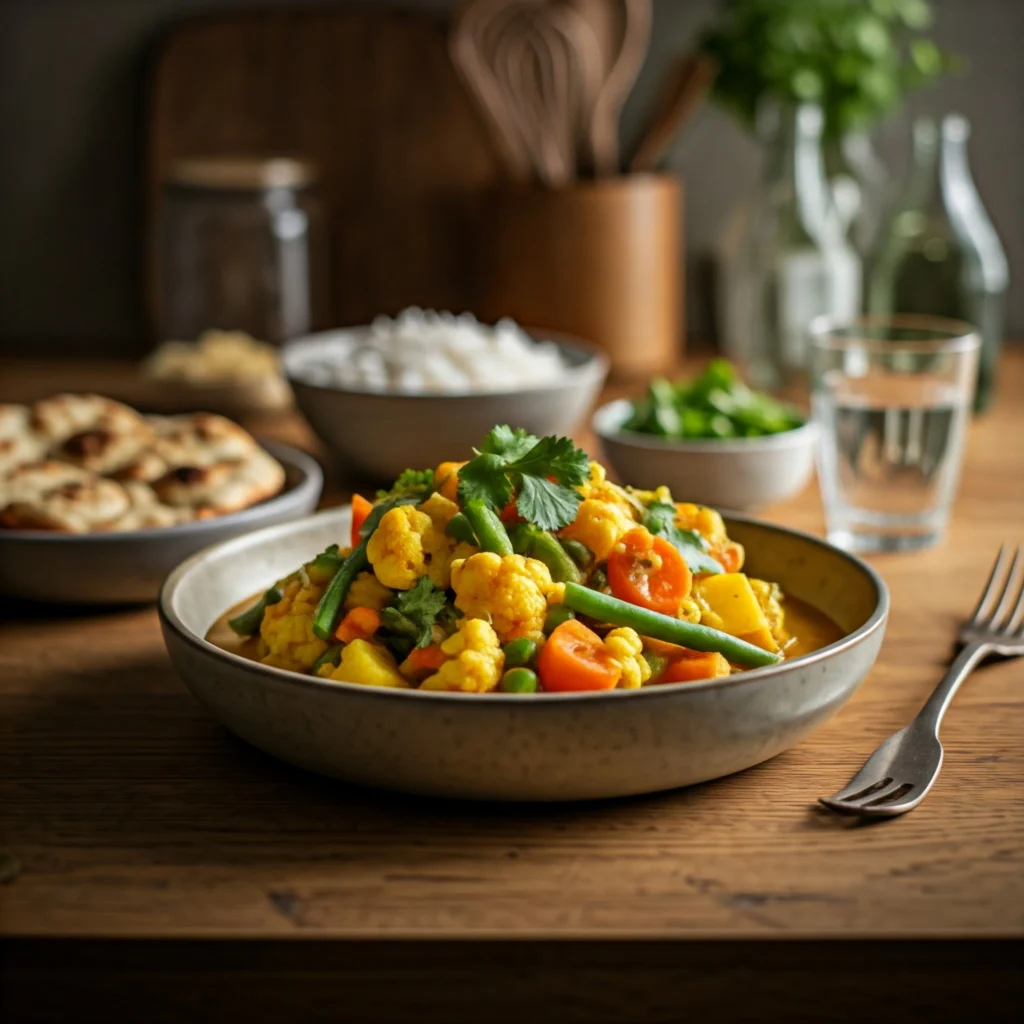 A photo of a delicious vegetable curry dish. The curry is made with potatoes, carrots, green beans, and cauliflower. It is served in a bowl with a side of rice and naan bread. The dish is garnished with fresh cilantro.