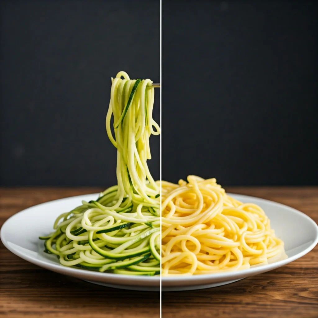 Zucchini noodles and traditional spaghetti side by side on a wooden board.