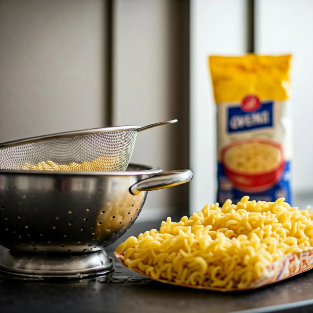 Side-by-side comparison of pre-cooked gluten-free lasagna noodles in a colander and oven-ready noodles in packaging