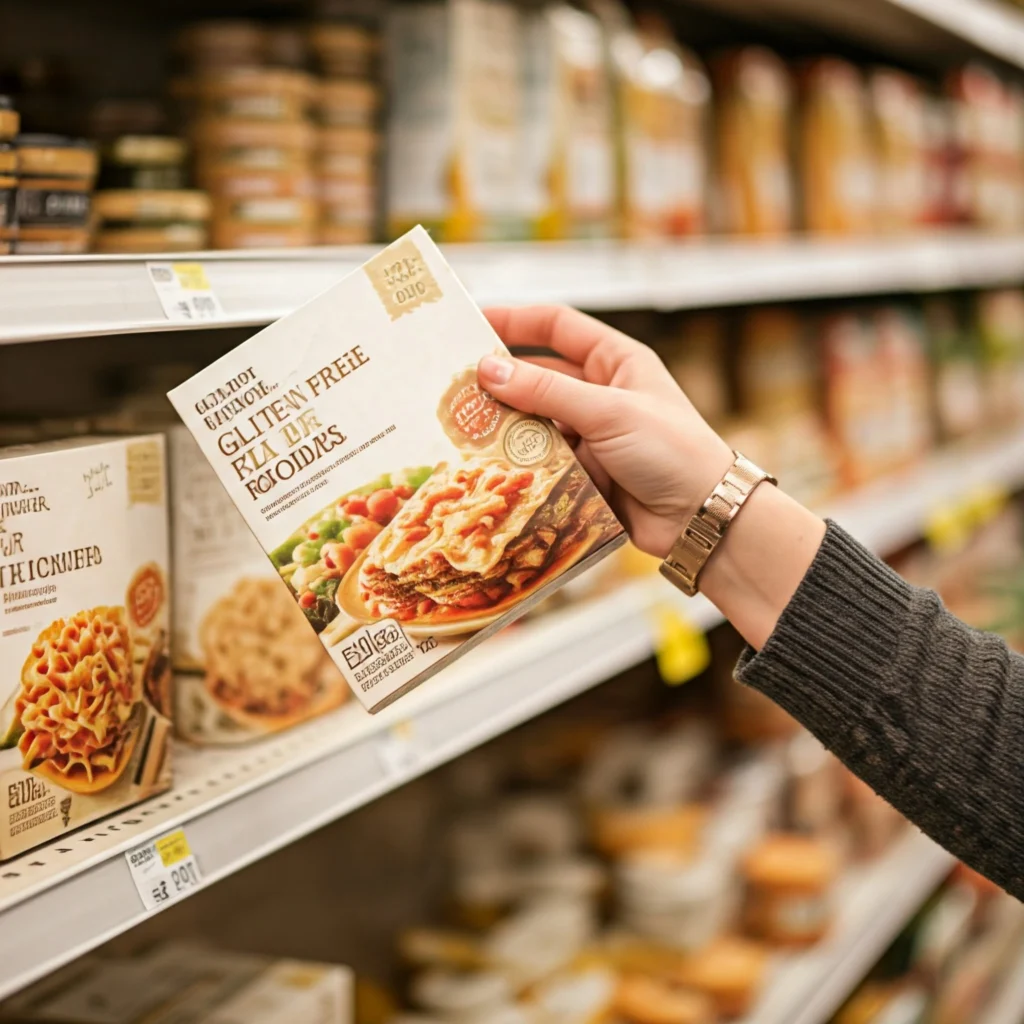 Gluten-free lasagna noodle brands displayed on grocery store shelves, with a hand selecting a box