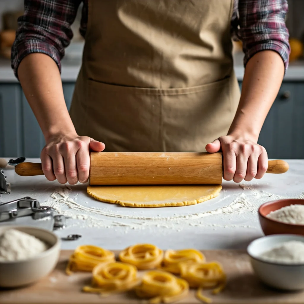 Hands rolling out gluten-free dough with a rolling pin, surrounded by pasta-making tools and ingredients