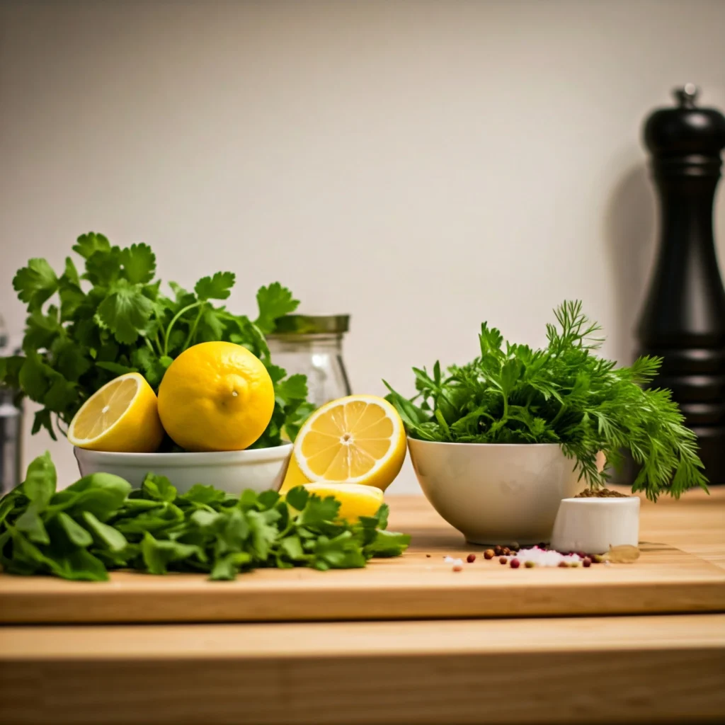 Fresh herbs, lemons, and a variety of colorful spices arranged on a kitchen counter.