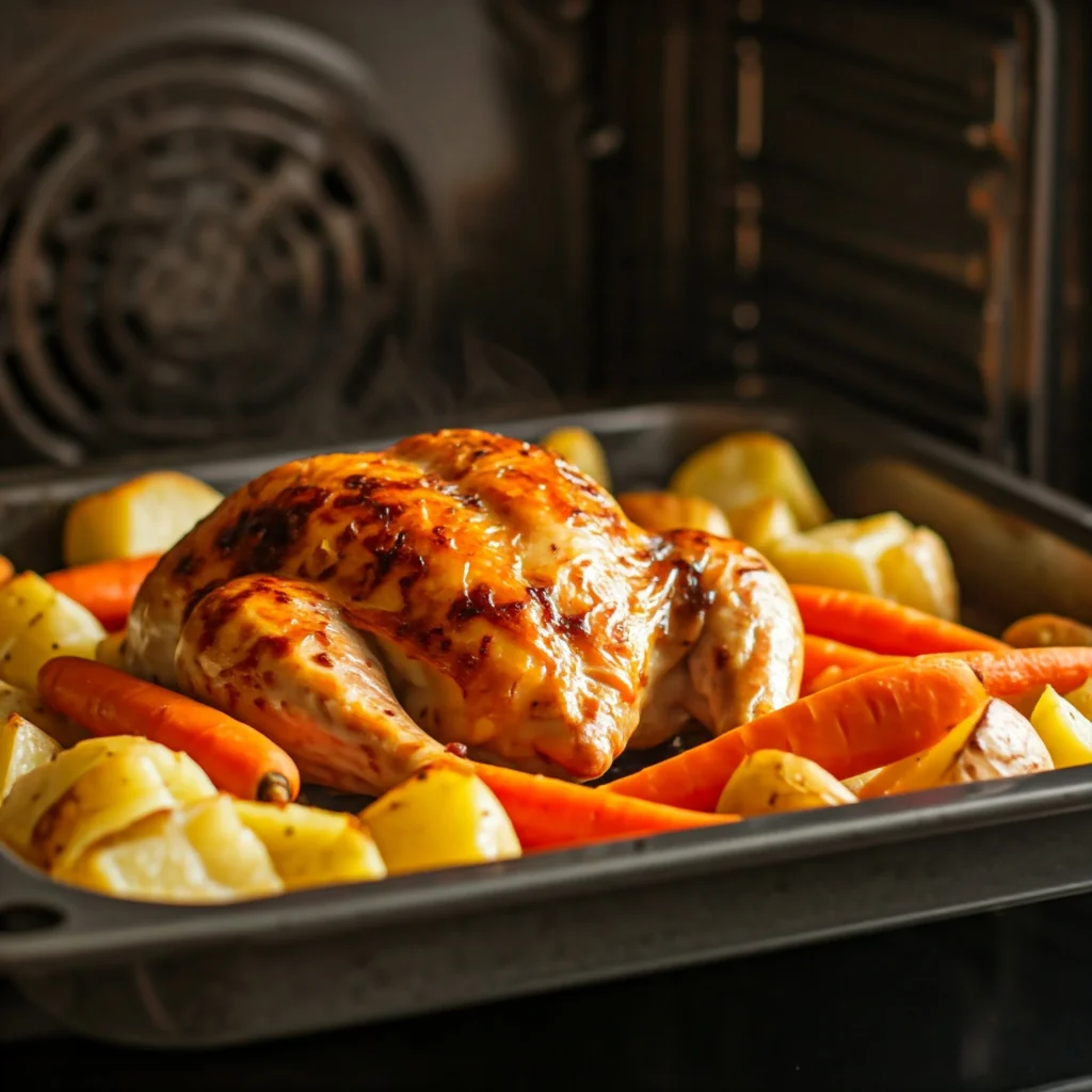 Baked chicken with herbs and roasted vegetables on a baking tray.