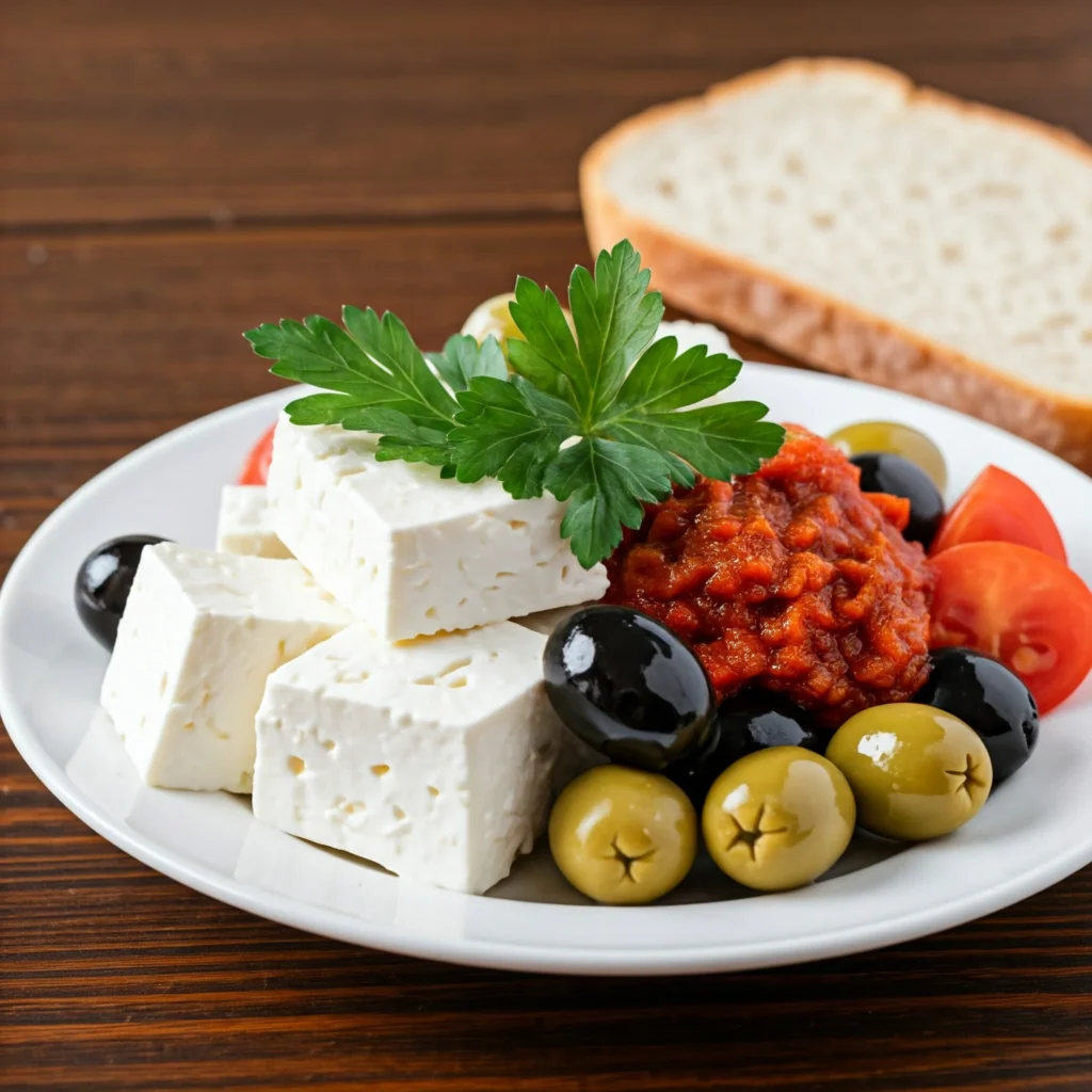 A plate of feta cheese, olives, ajvar, tomatoes, and parsley with a slice of bread.

