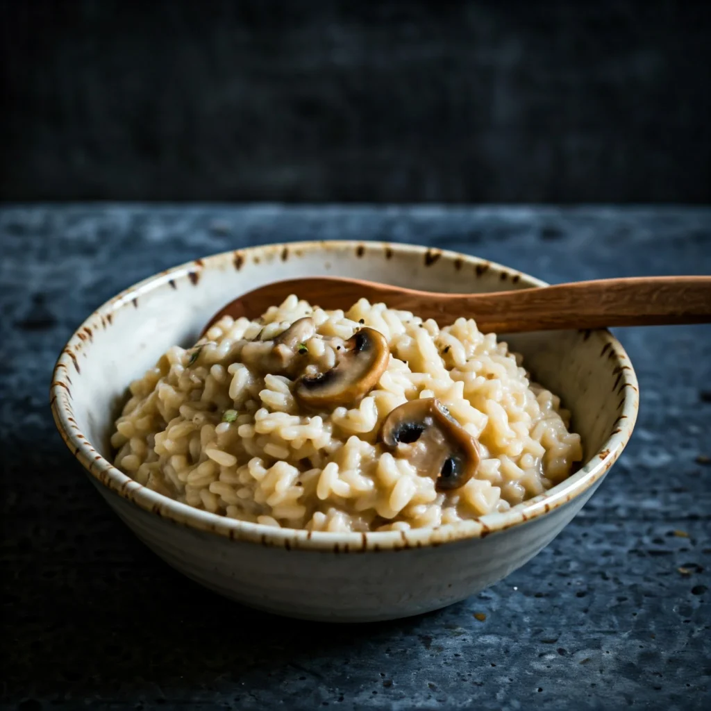 Creamy mushroom risotto served in a rustic bowl.