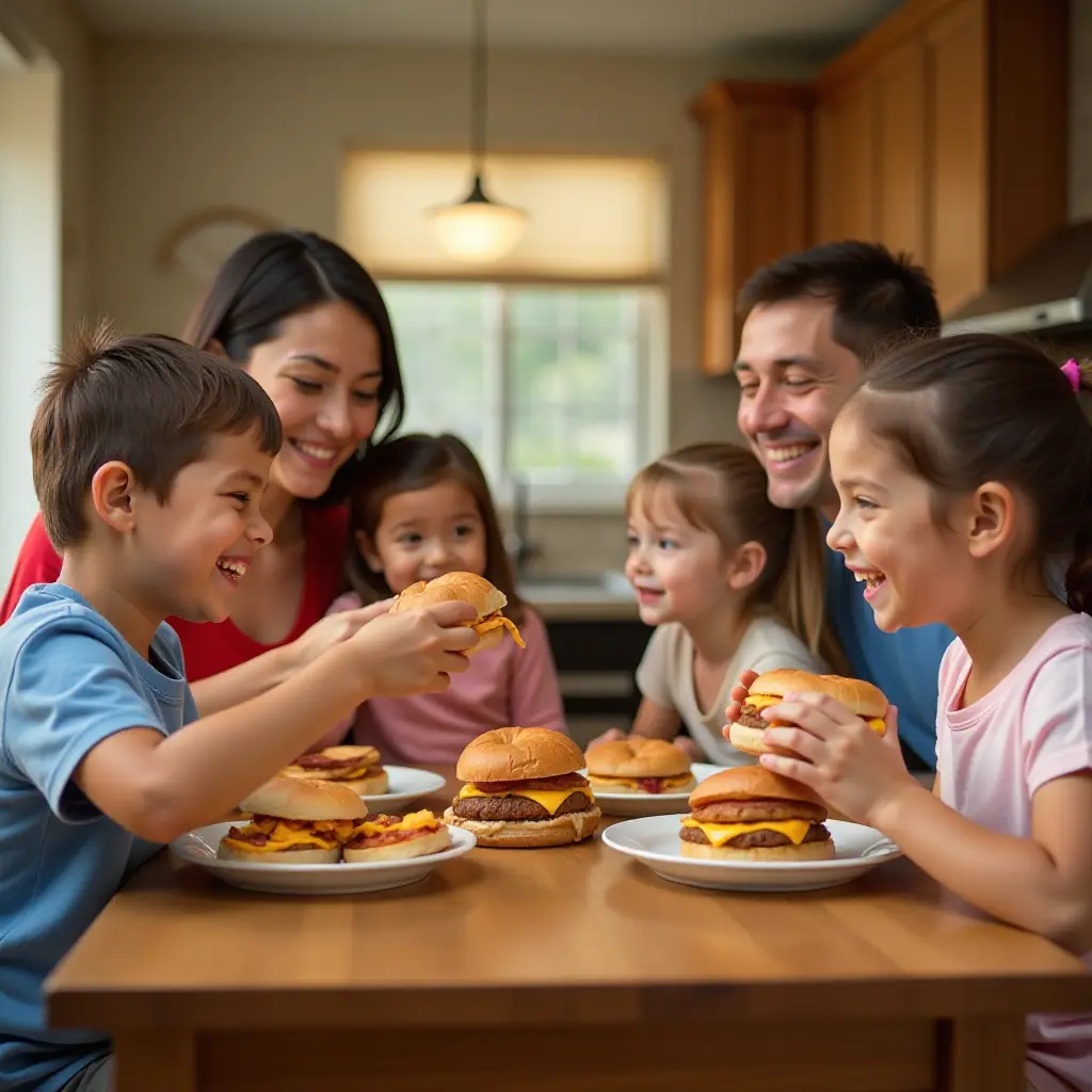 Image of a family enjoying Jimmy Dean sandwiches together at a breakfast table.