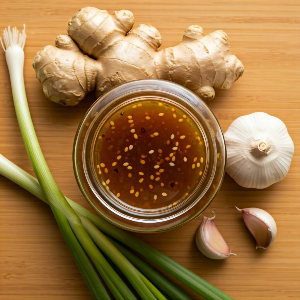 Homemade Asian salad dressing in a glass jar with fresh ingredients