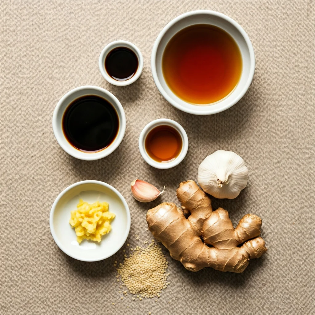 Ingredients for Asian sesame soy dressing arranged on linen cloth