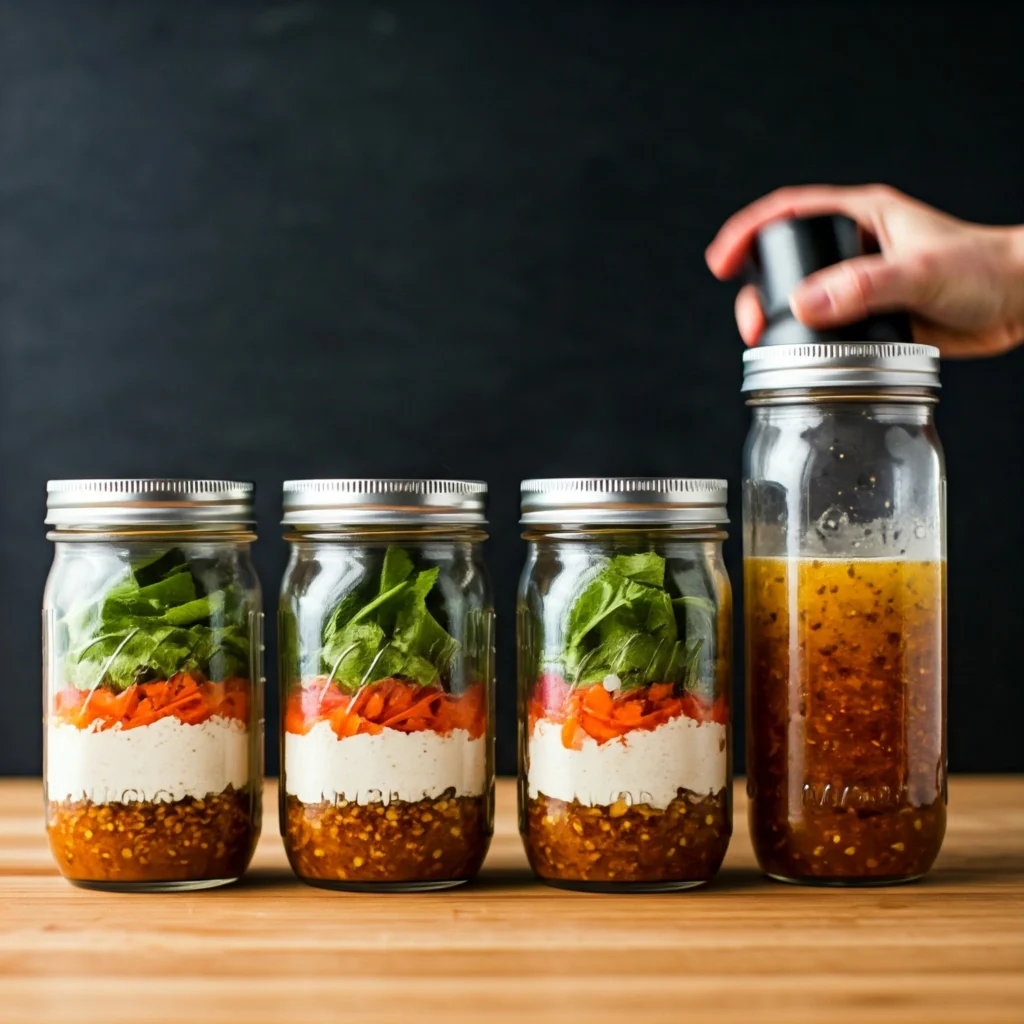 Step-by-step process of mixing Asian dressing in mason jar