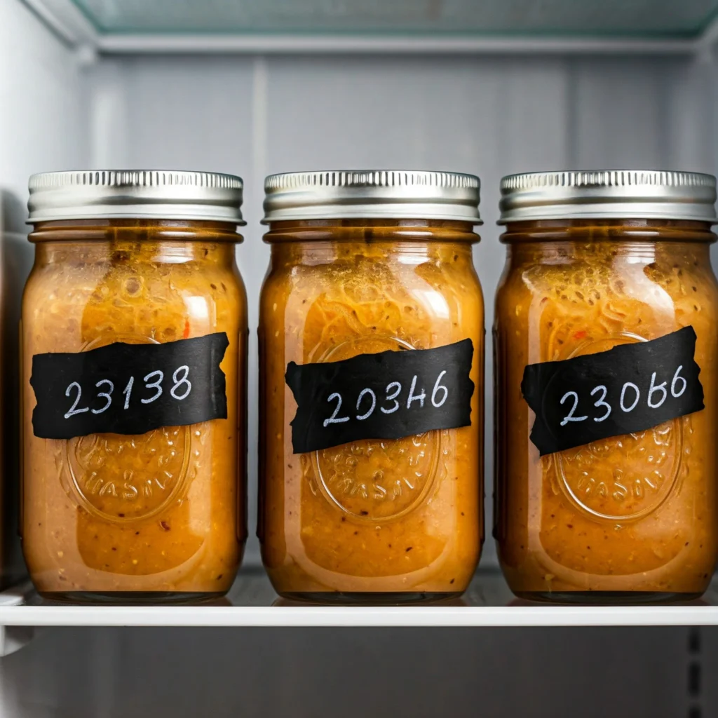 Mason jars of Asian salad dressing stored in refrigerator