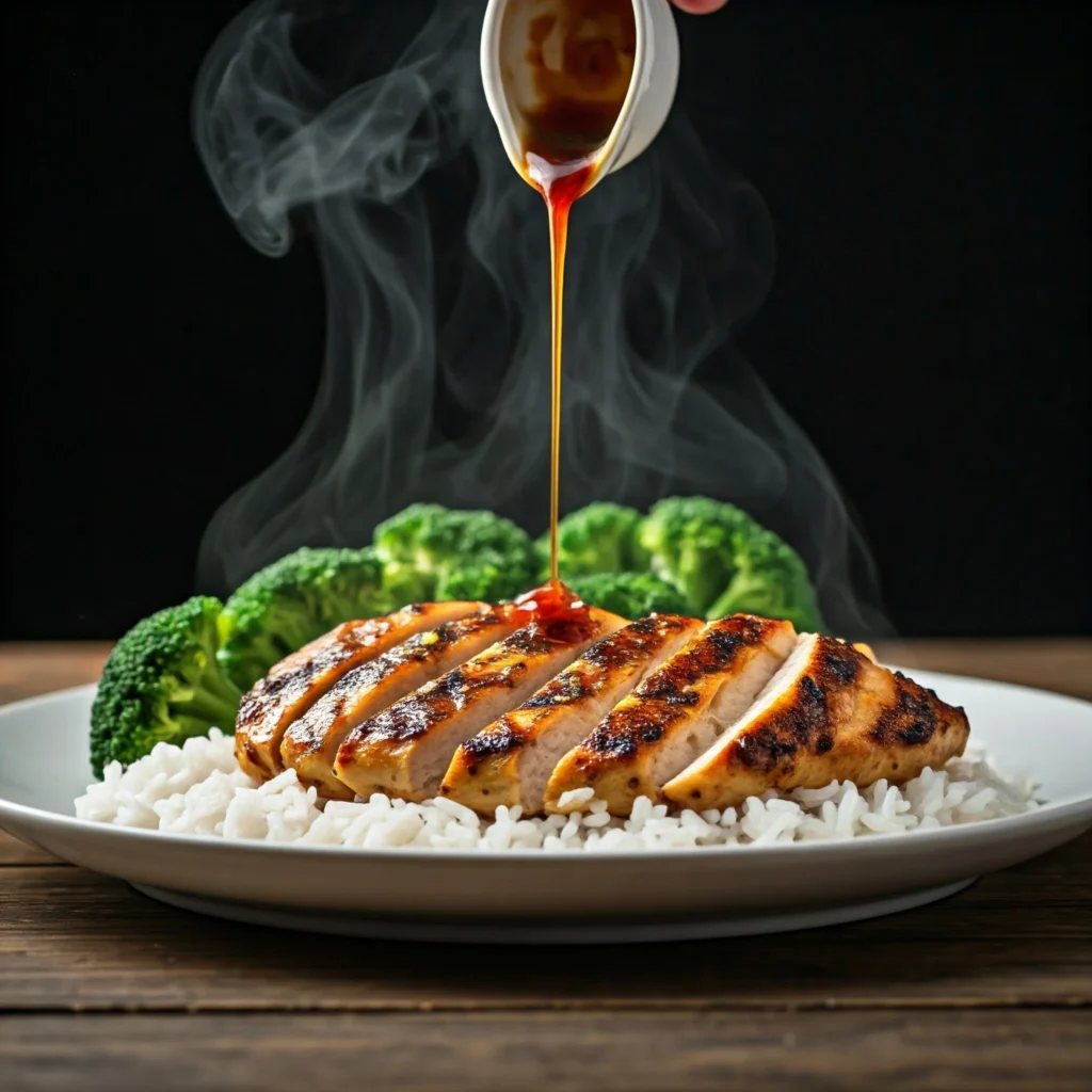 Grilled chicken rice bowl with Asian sesame dressing