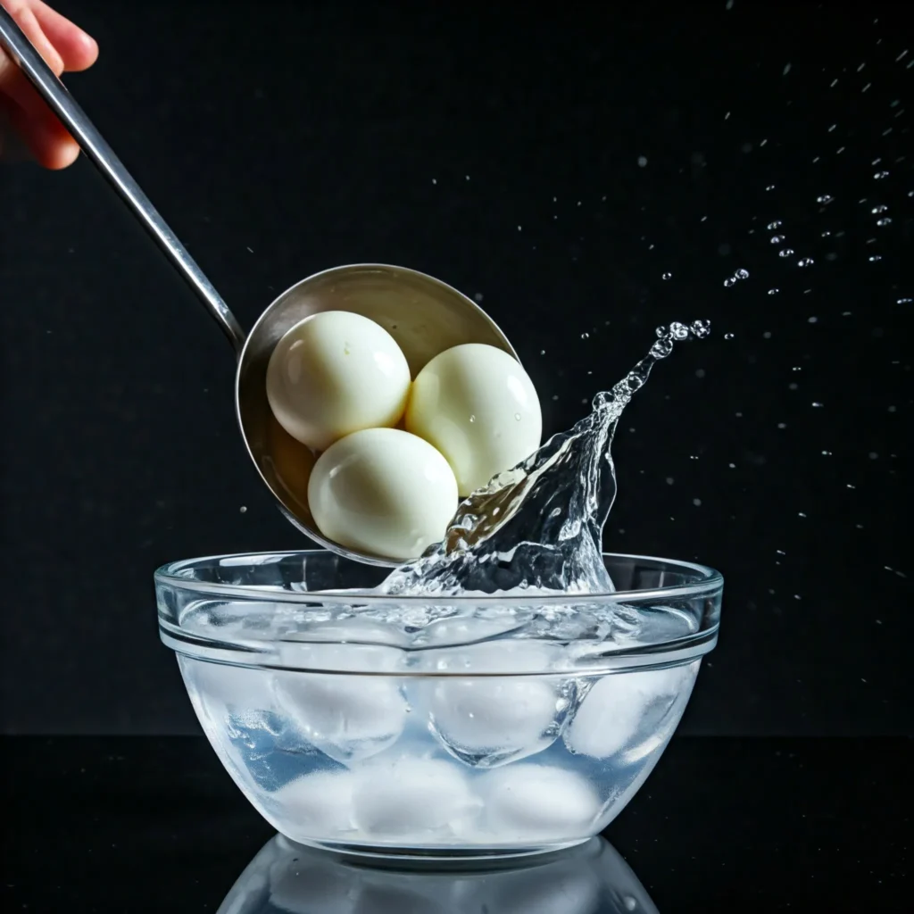 Cooling boiled eggs in ice bath for easy peeling